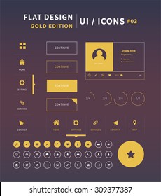 Clean Vector flat design ui kit for webdesign / flat ui kit design set for web design. Menu, social bar, outline icons in gold color.