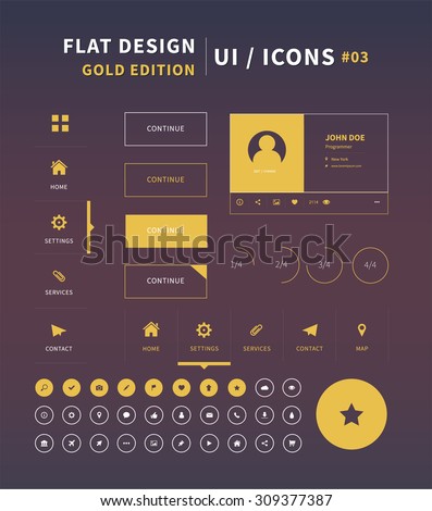 Clean Vector flat design ui kit for webdesign / flat ui kit design set for web design. Menu, social bar, outline icons in gold color.