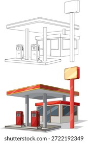 Limpie la gasolinera de Vector con bombas de gasolina, colores planos, contornos fuertes y sombreado simple
