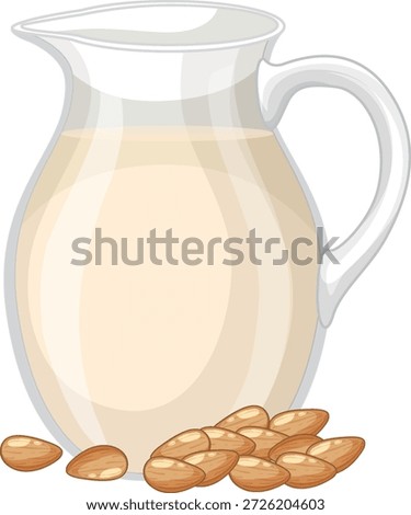 Clean vector graphic of almond milk in a glass jug with whole almonds beside it
