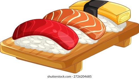 Clean vector graphic of assorted nigiri sushi pieces resting on a traditional wooden serving tray