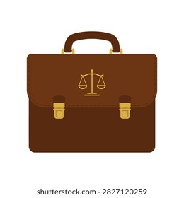 A clean vector graphic of a classic brown leather briefcase featuring two brass buckles and an embossed golden scales of justice symbol, perfect for legal service branding, attorney portfolios, and law firm logos