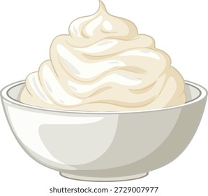 A clean vector graphic of creamy whipped topping swirled inside a small white ceramic bowl