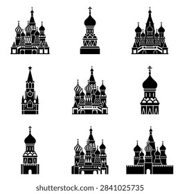 A clean vector graphic depicting an Eastern Orthodox church facade. Features include detailed gold domes and traditional religious architecture for cultural or spiritual themes.