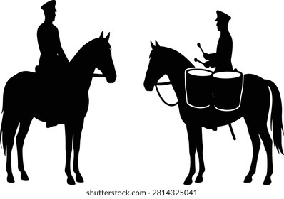 A clean vector graphic depicting silhouettes of a traditional cavalry guard and a military band drummer performing on horseback. This commercial illustration is perfect for historical pageants, military parade designs, national day decorations, and patriotic flyers.
