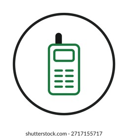 A clean vector graphic depicts a retro mobile phone with a green outline inside a black circle. This image serves as a symbol representing the evolution of communication technology and its impact on
