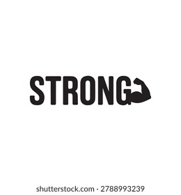Clean vector graphic displaying the word STRONG with a bicep silhouette. Ideal for fitness branding motivational content and health-related promotions.