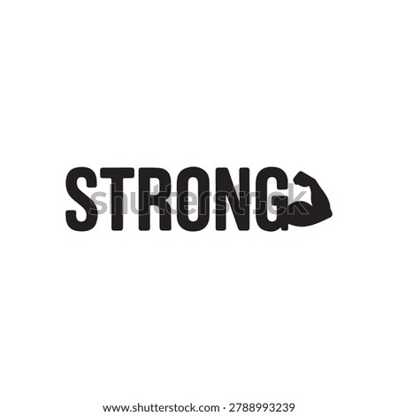 Clean vector graphic displaying the word STRONG with a bicep silhouette. Ideal for fitness branding motivational content and health-related promotions.