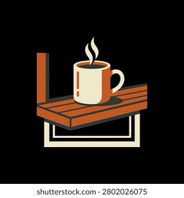 A clean vector graphic featuring a hot cup of coffee with steam rising while sitting on a brown wooden plank table against a dark background.