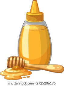 Eine saubere Vektorgrafik einer Honigflasche neben einem Holzdipper und einer Pfütze