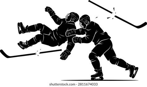 A clean vector graphic illustration depicting a dynamic body check collision between two ice hockey players during a match. This high-contrast design asset is perfect for sports marketing campaigns, team tournament posters, editorial news graphics, and fitness branding.