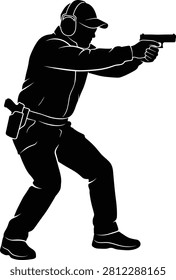 A clean vector graphic illustration depicting a man in a tactical stance aiming a semi-automatic pistol. This high-contrast silhouette with gear details is ideal for firearms training advertisements, shooting range branding, security services marketing, and tactical gear promotions.