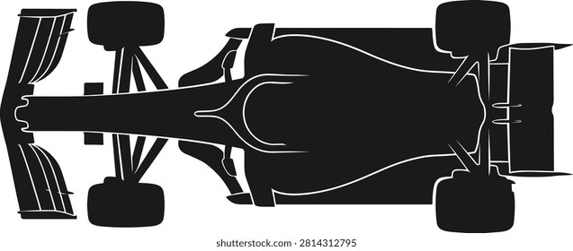 A clean vector graphic illustration depicting an open-wheel formula racing car from a top-down aerial perspective. This minimalist black contour design is ideal for motorsport team branding, racing simulator games, engineering blueprints, and speed-themed marketing layouts.