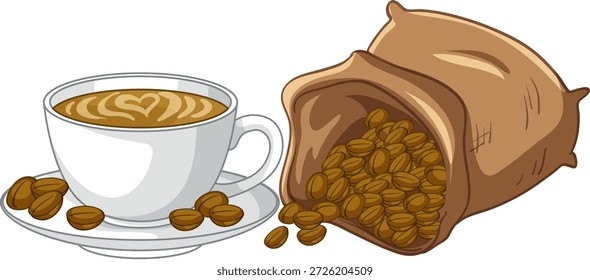 Clean vector graphic of a latte with heart art beside a sack of roasted beans