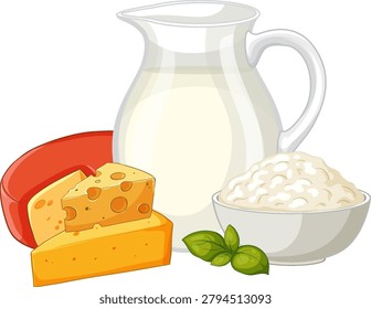 Clean vector graphic of milk in a glass pitcher with cheese wedges and cottage cheese