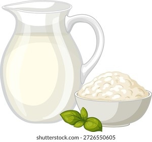 Saubere Vektorgrafik eines Milchkrug, Schüssel mit Quark Käse, und grüne Basilikumblätter