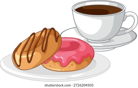 Saubere Vektorgrafik von rosa und Schokolade Donuts auf Tellern neben einer weißen Kaffeetasse