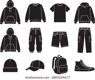 Clean vector graphic set of streetwear items. Essential wardrobe staples for urban lifestyle advertising and design projects.