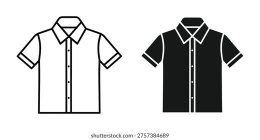 Clean vector graphic of a short-sleeved button-up shirt in both outline and silhouette styles. Ideal for fashion design mockups, apparel branding, or e-commerce product listings.