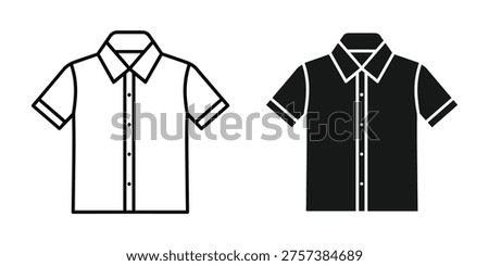 Clean vector graphic of a short-sleeved button-up shirt in both outline and silhouette styles. Ideal for fashion design mockups, apparel branding, or e-commerce product listings.