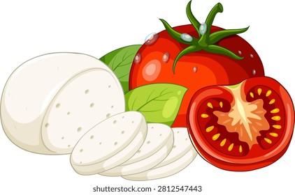 Clean vector graphic of sliced mozzarella cheese with red tomato and green basil leaves.