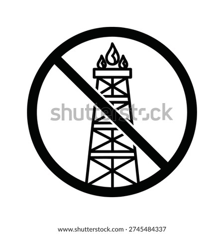 Clean vector graphic symbolizing the end of fossil fuel reliance. Features a stylized prohibition sign over an oil derrick with flames, conveying environmental protection and renewable energy advocacy. Ideal for sustainability campaigns, green technology marketing, or policy discussions.