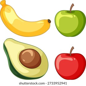 Gráficos de Vector limpios de un plátano, manzana verde, manzana roja y aguacate cortado a la mitad en blanco