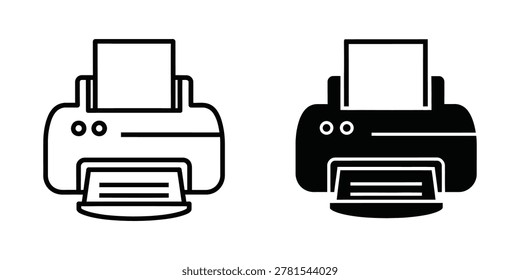 Clean vector graphics of a printer in outline and solid fill styles. Offers versatility for digital interfaces, office supply branding, or technology presentations. Simple, modern, and scalable for any project.