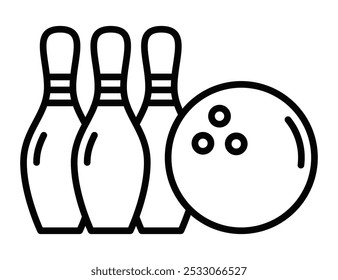 Clean vector icon of a bowling ball with three pins, representing bowling sports or recreation. Editable stroke.