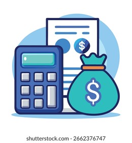 Un ícono de Vector limpio de un presupuesto. Una bolsa de dinero azul oscuro con un signo de dólar azul claro al lado de una calculadora azul claro. Estilo minimalista, fondo blanco