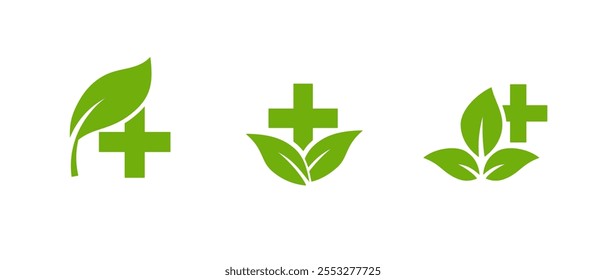 Um ícone de vetor limpo com uma folha verde que se cruza com uma cruz, representando a saúde orgânica, nutrição natural e agricultura sustentável, ideal para marca ecológica.