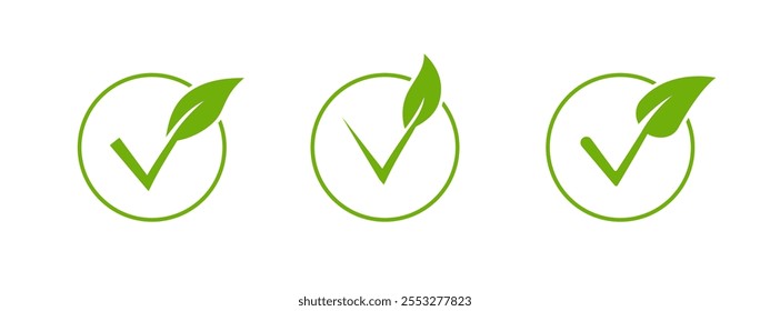 A clean vector icon featuring a green leaf and check mark, representing renewable energy, sustainable agriculture, and environmentally conscious products for health and nutrition.