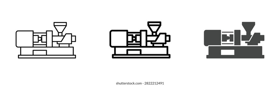 Clean vector icon of an injection molding machine for plastic manufacturing and industrial production design projects in UI UX and engineering applications.