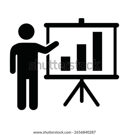 Clean vector icon representing a person giving a business presentation with a bar chart, ideal for data analysis, growth, and educational content