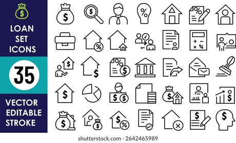A clean vector icon set of 35 loan-related symbols including money bags, houses, charts, documents, people, briefcases, banks, and signatures in editable stroke style