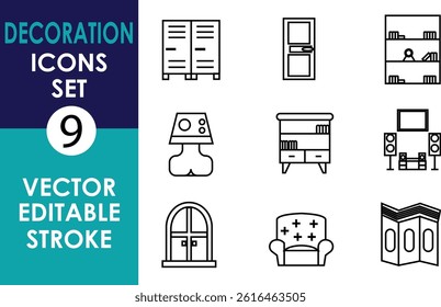 A clean vector icon set of 9 black outlined home decor items: cabinet, door, bookshelf, lamp, dresser, entertainment system, arched window, sofa, and curtain