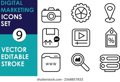 A clean vector icon set for digital marketing, featuring a camera, chart, map pin, tag, browser, magnifier, video player, document, and server, with editable strokes