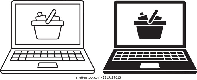 A clean vector icon set displaying a laptop with a shopping basket in line art and solid styles.
Designed for e-commerce websites, mobile shopping applications, digital marketing, and checkout user interfaces.