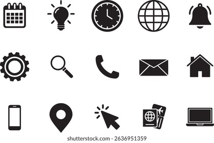 A clean vector icon set featuring essential web and user interface elements such as calendar, clock, globe, search, gear, location pin, envelope, phone, bell, and laptop. Perfect for mobile apps, web.