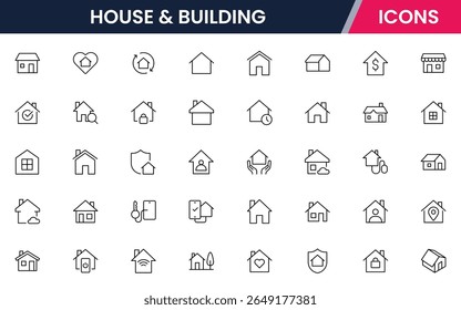 A clean vector icon set featuring home-related symbols like houses, keys, locks, and interiors, rentals, or smart home