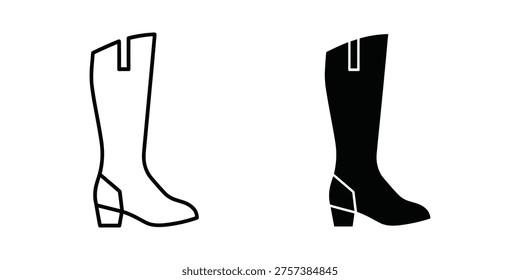 Clean vector icon set featuring a knee-high boot in outline and solid fill styles. This graphic symbolizes fashion, footwear, and style. Ideal for e-commerce, fashion blogs, or branding.