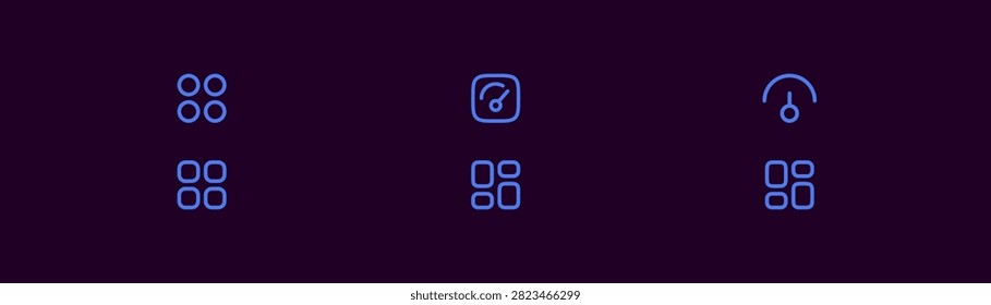 Clean vector icon set featuring blue outlines of app menu grids and performance gauges. Includes square and circular grid layouts representing application launchers and dashboard speedometers. Ideal for modern software development, web design systems, and mobile interface kits.