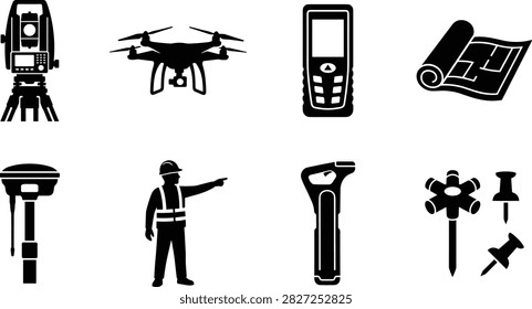 A clean vector icon set featuring essential land surveying, geodesy, and construction tools, including a total station, drone, GPS receiver, blueprint, surveyor worker, and locator. Ideal for engineering, architectural design, construction projects, and mapping concepts.