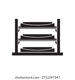 Clean vector icon of a three-tier storage shelf. Each level holds a curved item, symbolizing organization, display, and efficient storage solutions. Perfect for modern design concepts.
