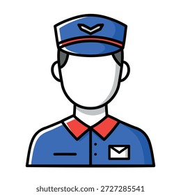 Clean vector icon of a uniformed postal service employee, featuring a classic mail carrier hat and an envelope detail, perfect for illustrating delivery, communication, and public service themes