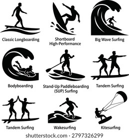 Clean vector icons depict different water activities like big wave surfing tandem kitesurfing shortboard stand-up paddleboarding wakesurfing longboarding bodyboarding and windsurfing for recreational and athletic promotion.