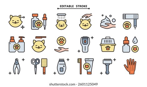 Clean vector icons depicting the complete pet grooming process. Perfect for user interfaces of pet service applications, informative brochures for veterinary clinics, and signage for pet salons.