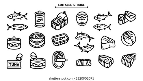 Clean vector icons depicting tuna in can, steak, and fillet. Perfect for labels of canned fish, seafood restaurant menus, and healthy diet infographics.
