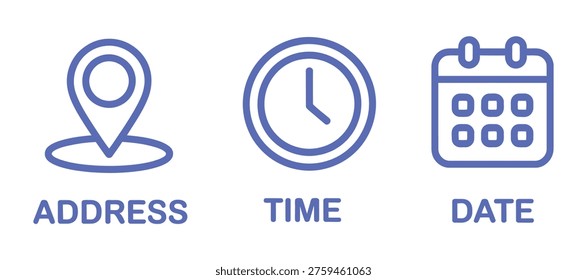 Clean vector icons detailing location temporal scheduling and calendar planning for business communications. Useful for appointment setting or event coordination.