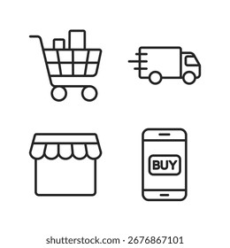 Ícones vetoriais limpos que ilustram os principais elementos de compras on-line, incluindo carrinho, entrega, vitrine eletrônica e compra por celular. Ideal para comércio eletrônico, aplicativos de varejo e marketing digital